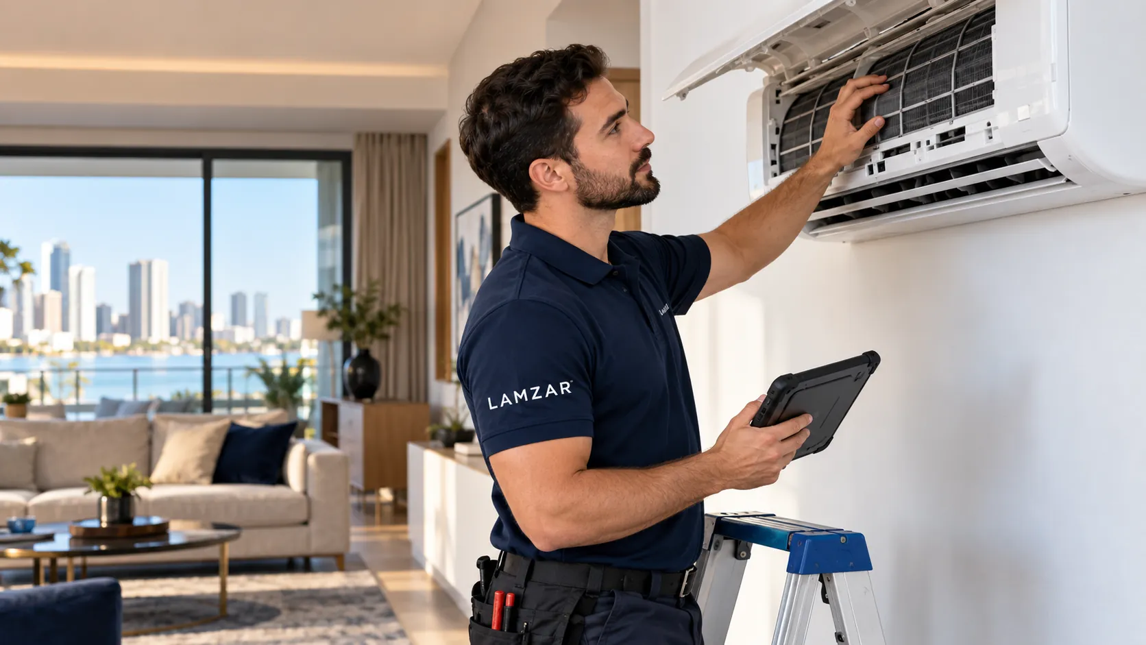 Technician inspecting an air conditioning unit