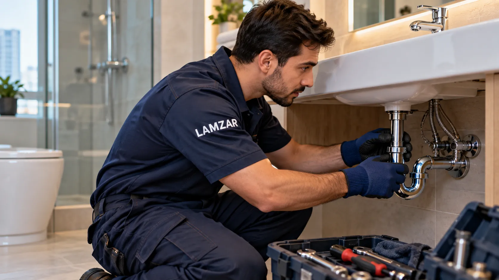 Technician inspecting plumbing pipes and fittings