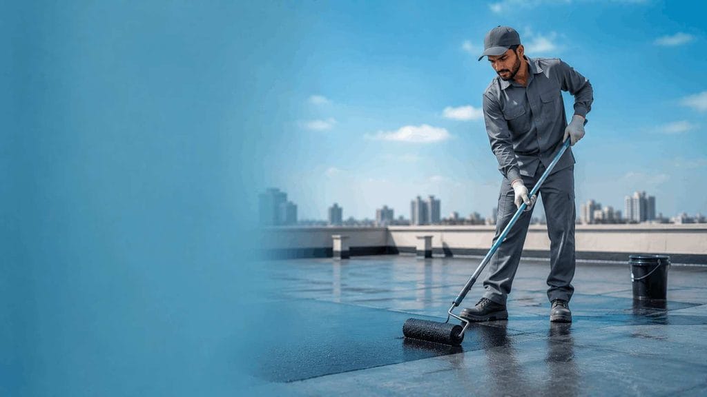 Expert technician applying professional waterproof membrane coating on a Dubai commercial rooftop