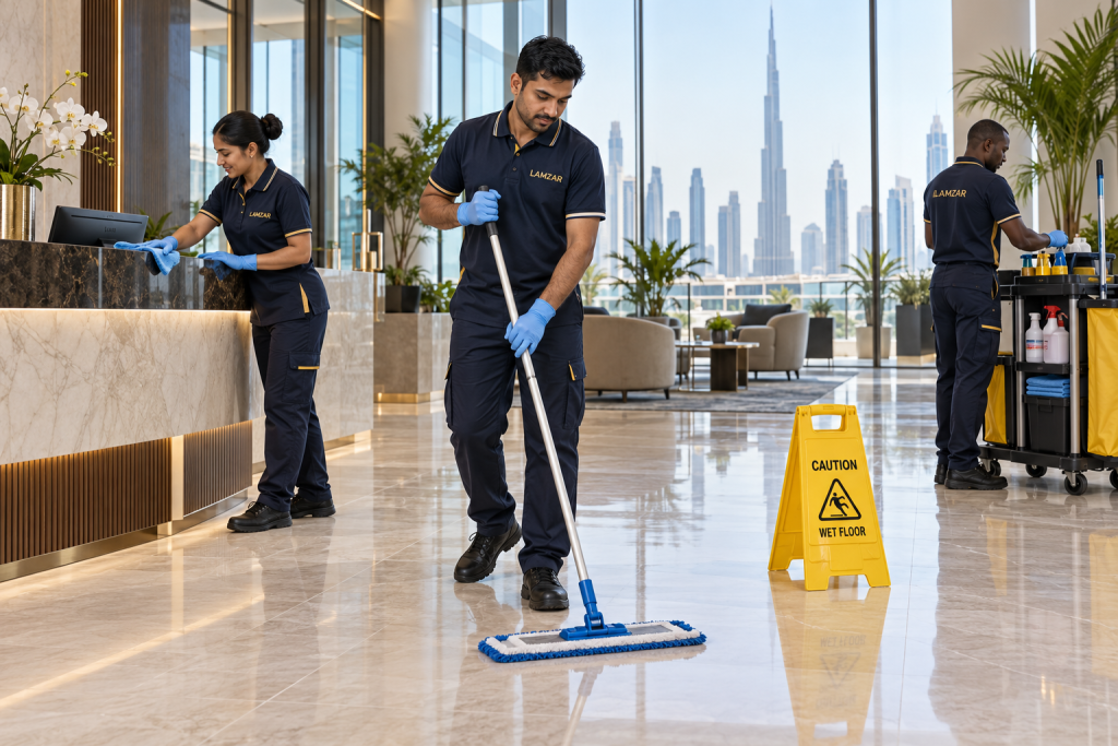 LAMZAR-branded cleaning staff cleaning a commercial lobby in Dubai