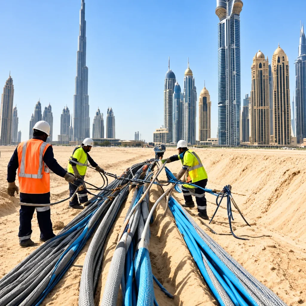 Cable pulling helpers at the SCAN project site in Ajman