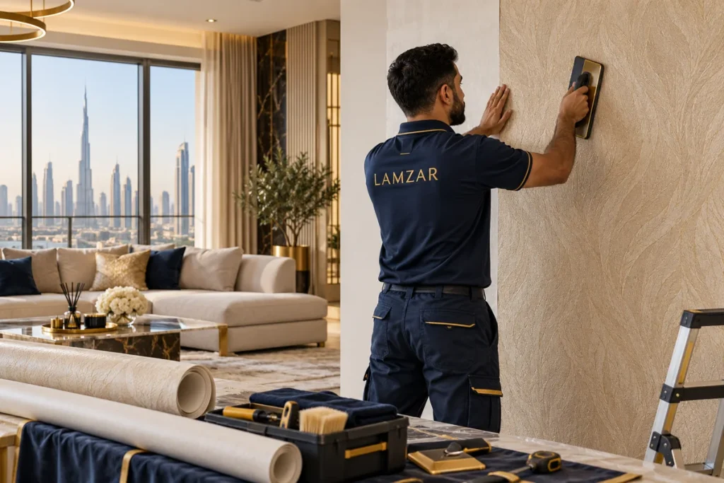 LAMZAR-branded wallpaper fixing service concept