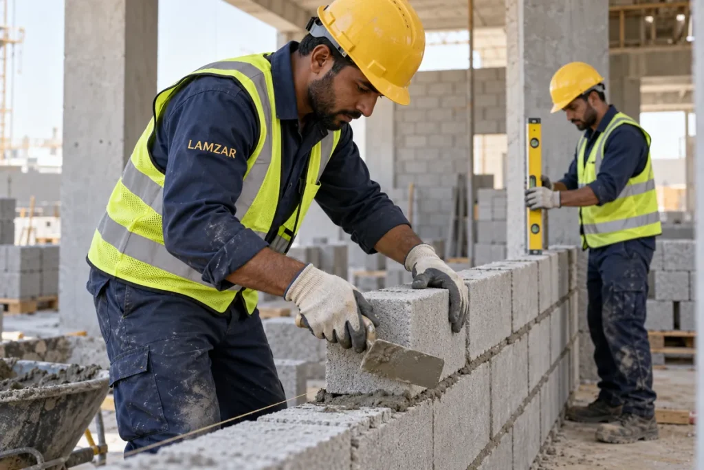 LAMZAR-branded masons building a concrete block wall