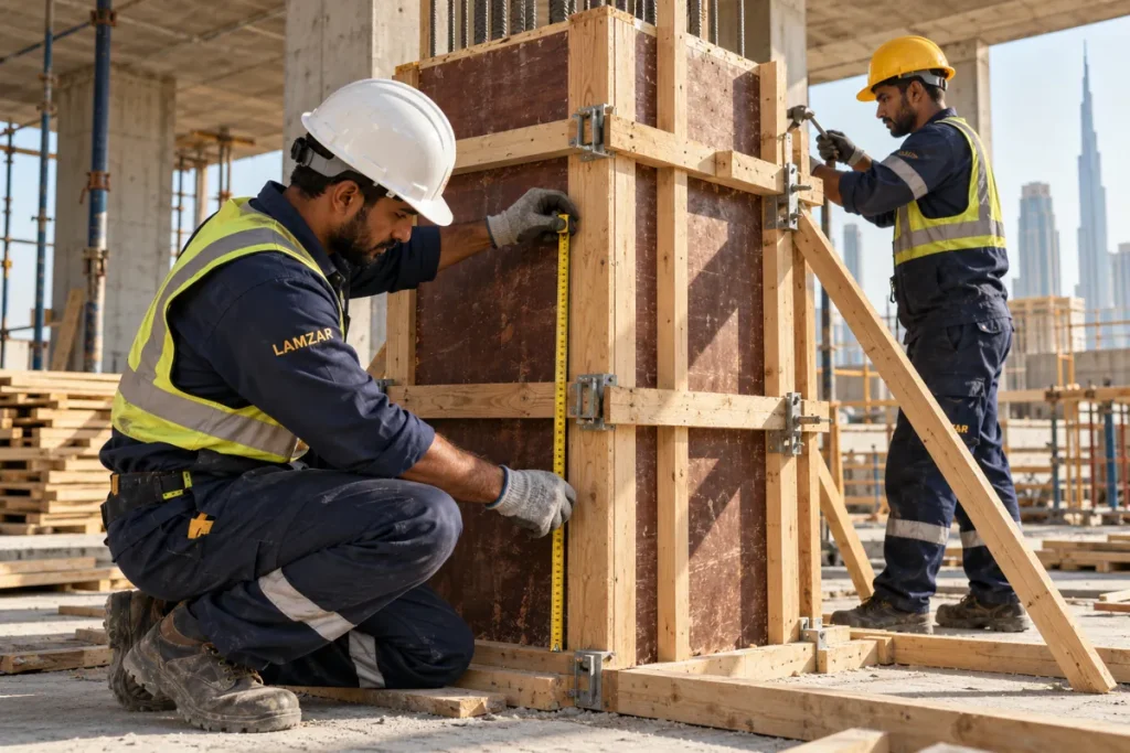 LAMZAR-branded shuttering carpenters assembling plywood column formwork