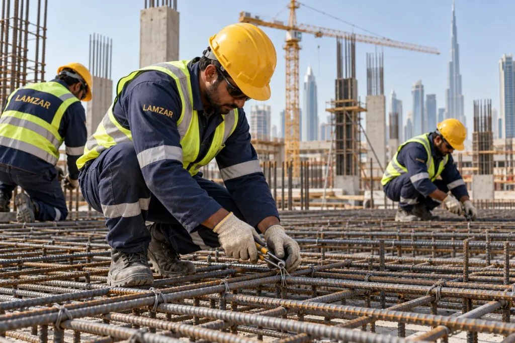LAMZAR-branded steel fixers tying reinforcement bars